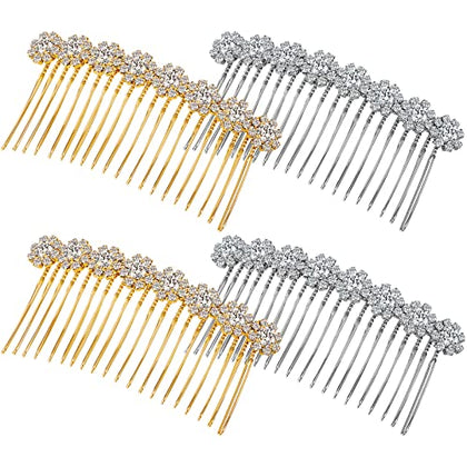 Geosar 4 Pieces Alloy Rhinestone Side Hair Combs Crystal Flower Hair Clips Wedding Hair Comb Bridal Jewelry Hair Clips Combs French Hair Accessories for Women and Girls (Silver,Gold)