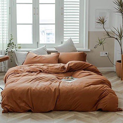 MKXI Pumpkin Duvet Cover Burnt Orange Fall Beddings Queen Comforter Cover Set Terracotta Bed Cover Breathable Jersey Cotton Bedding Collection Easy Care Solid Color Adults Bedding Set 3 Piece