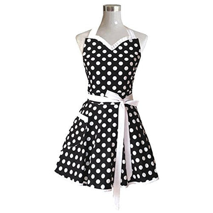 Hyzrz Lovely Sweetheart Retro Kitchen Aprons Woman Girl Cotton Polka Dot Cooking Salon Pinafore Vintage Apron Dress Mothers Gift (Black)