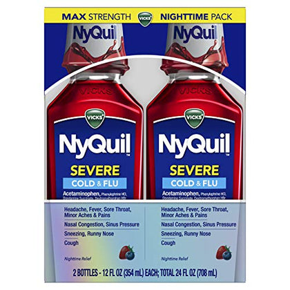 Vicks NyQuil SEVERE Cold, Flu, and Congestion Medicine, 2x12 fl oz Twin Pack, Berry Flavor, Maximum Strength, Nighttime Relief