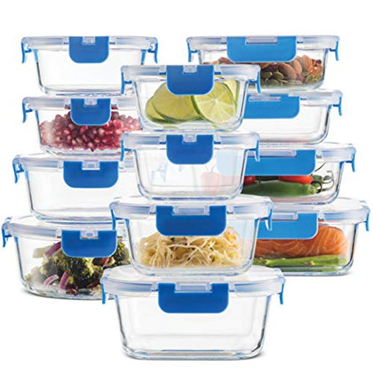 FineDine 24-Piece Superior Glass Food Storage Containers Set - Newly Innovated Hinged Locking lids - 100% Leakproof Glass Meal-Prep Containers, Great On-the-Go & Freezer-to-Oven-Safe Food Containers