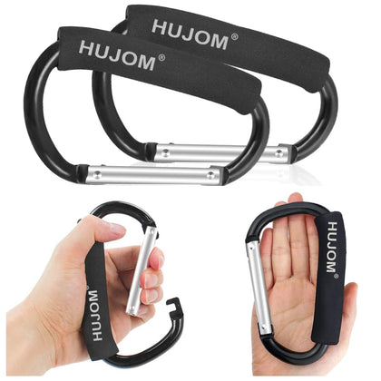 2 Pcs Hujom Stroller Hooks Carabiner Clips to Hang Mom Diaper, Purse Grocery, and Shopping Bags. Heavy Duty Accessories for Outdoor, Camping and Hiking.
