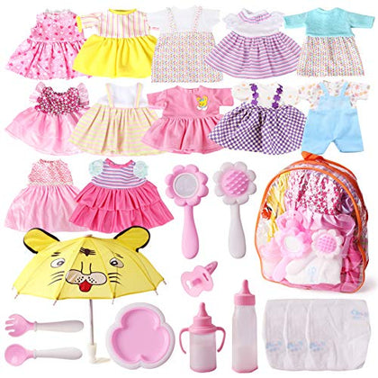 Baby Doll Clothes - Fits 12'' 13'' 14'' 15''Bitty Girl Alive Baby Doll Clothes 360°Sewing Dresses for with Doll Diapers, Nipple, and Doll Accessories Pack of 18 Bag Set