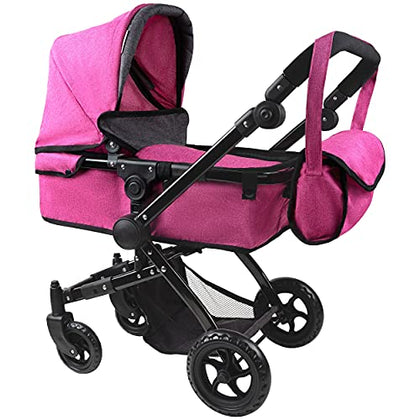 Fash n Kolor Baby Doll Stroller My First Foldable Doll Stroller in Denim Hot Pink Design, Bassinet Stroller with Baby Doll Adjustable Handle, Convertible Seat, Basket, and Free Carriage Bag