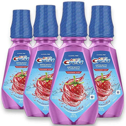 Crest Kid's Anti Cavity Fluoride Mouthwash, Alcohol Free, Strawberry Rush, 500 mL (16.9 fl oz), Pack of 4