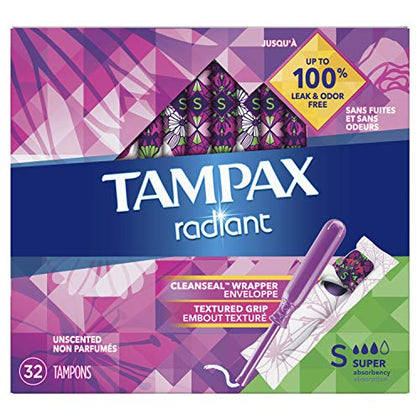 Tampax Radiant Tampons, Super Absorbency, With Leakguard Braid, Unscented, 28 Count