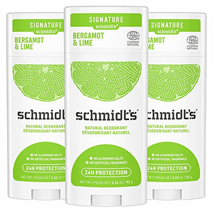 Schmidt's Aluminum Free Natural Deodorant for Women and Men, Bergamot + Lime with 24 Hour Odor Protection, Certified Cruelty Free, Vegan Deodorant,3.25 Ounce (Pack of 3)