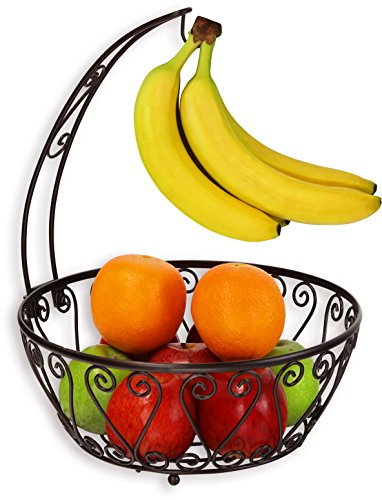 Simple Houseware Metal Fruit Basket Bowl with Banana Tree Hanger, Bronze