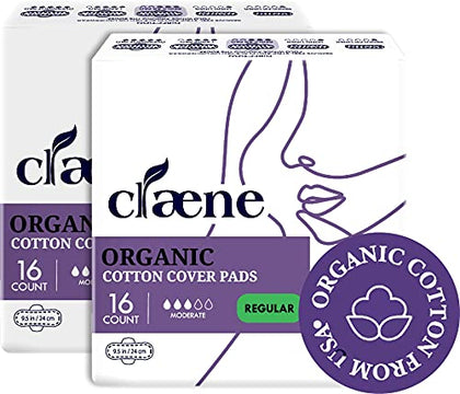 Claene Organic Cotton Cover Pads, Cruelty-Free, Menstrual Overnight Sanitary Pads for Women, Unscented, Breathable, Vegan, Organic Pads, Natural Sanitary Napkins with Wings (Regular, 32 Count)