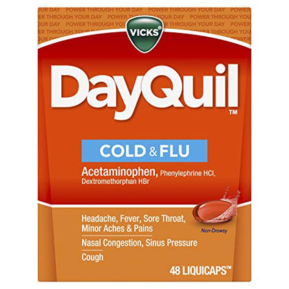 Vicks DayQuil Cold & Flu Medicine, Non-Drowsy Powerful Multi-Symptom Daytime Relief for Headache, Fever, Sore Throat, Minor Aches and Pains, Nasal Congestion, Sinus Pressure and Cough, 48 Liquicaps