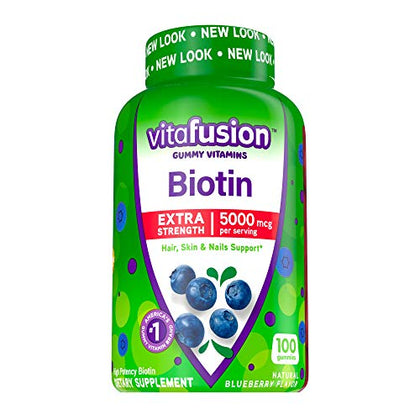 vitafusion Extra Strength Biotin Gummy Vitamins, Berry Flavored, 5,000 mcg Biotin Vitamins, Americas Number 1 Gummy Vitamin Brand, 50 Day Supply, 100 Count (Packaging may vary)