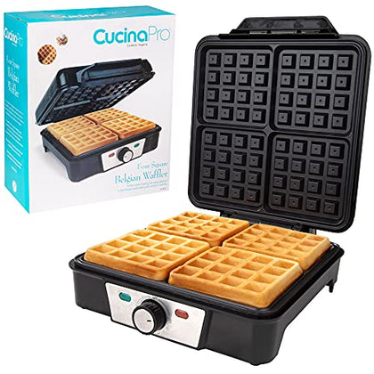 CucinaPro Four Square Belgian Waffle Maker, Extra Large Stainless Steel Kitchen Appliance with Nonstick Waffler Iron Plates, Makes 4 Fluffy Waffles, Griddle is Great for Family Breakfast or Gift