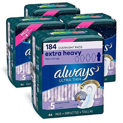 Always Ultra Thin Feminine Pads for Women, Size 5, Extra Heavy, Overnight Absorbency with Wings, 46 Count x 2 (92 Count Total)