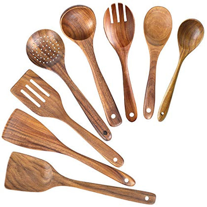 Wooden Spoons for Cooking,Nonstick Kitchen Utensil Set, Non Scratch Natural Teak Wooden Utensils for Cooking(Teak 8 Pack)