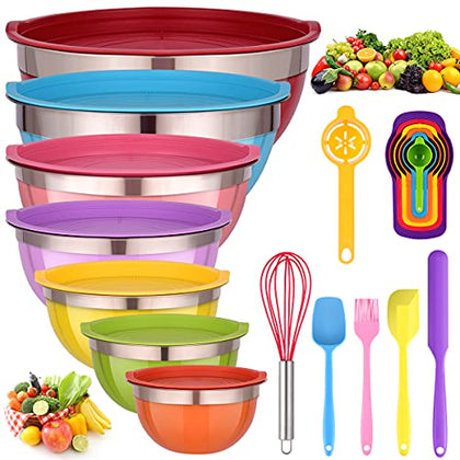 Mixing Bowls with Lids for Kitchen - 26 PCS Stainless Steel Nesting Colorful Mixing Bowls Set for Baking,Mixing,Serving & Prepping,Size 7, 5.5, 5, 4, 3, 2, 1.5QT,12 Cooking Utensils