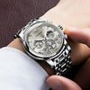 OUPINKE Mens Watches Fashion Sport WristWatches Grey Multifunction Chronograph Analog Quartz Luminous Waterproof Calendar Stainless Steel Bracelet