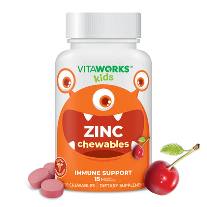 VitaWorks Kids Zinc 15mg Chewable Tablets - Natural Cherry Flavor - Vegan, Vegetarian, GMO-Free, Gluten Free, Nut Free Vitamins - Dietary Supplement for Immune Support - for Children - 120 Chewables