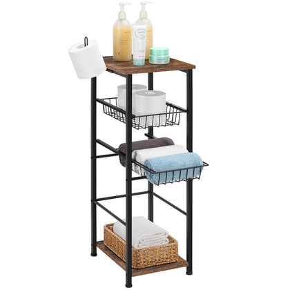 Bathroom Storage Cabinet Free Standing Units Organizer Shelf Floor Storage Tower with Drawers 4 Tier Shelving Rack with Paper Bar Narrow Storage Shelves for Bath Living Room Washroom, Farmhouse Brown