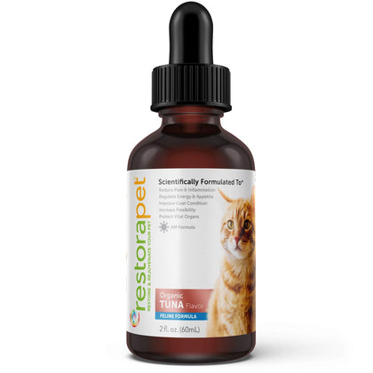 RestoraPet Organic Cat Supplement | Healthy & Safe Antioxidant Liquid Drops | Anti-Inflammatory Multi-Vitamin | Increases Mobility & Energy | Cat Joint Supplement | Tuna Flavored