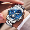 OUPINKE Mens Watches Fashion Sport WristWatches Blue Multifunction Chronograph Analog Quartz Luminous Waterproof Calendar Stainless Steel Bracelet.