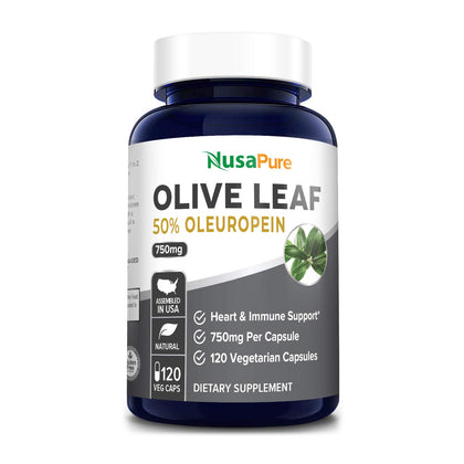 nusapure olive leaf extract (non-gmo, gluten free) 750 mg - 50% oleuropein - vegan - super strength - no oil - 120 capsules (expiry -12/31/2024)