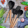 Miusco Non-Stick Silicone Kitchen Utensils Set with Natural Acacia Hard Wood Handle, 5 Piece, Black, BPA Free, Baking & Serving Silicone Cooking Utensils