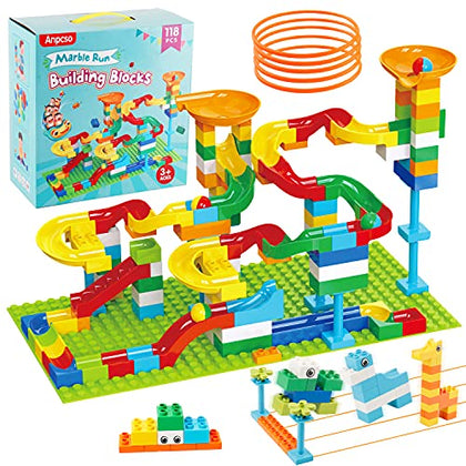 2-In-1 Kids Toys for 2 3 4 5 6 7 + Year Old Boys Girls Toddlers Upgrade Classic Big Bricks Marble Run Building Blocks, Toss Ring Games Compatible with All Major Brands for Christmas Birthday Gifts