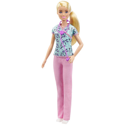 Barbie Nurse Fashion Doll with Medical Tool Print Top & Pink Pants, White Shoes & Stethoscope Accessory