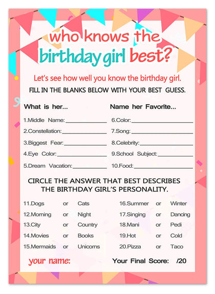 Yangmics Direct Who Knows The Birthday Girl Best, Birthday Girl Games - 20 Game Cards