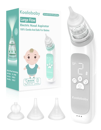 Koalababy Large Flow Electric Nasal Aspirator, 2023 Newest Baby Nose Sucker, Baby Nose Suction, Nose Cleaner for Toddlers with 3 Soft Silicone Tips, 3 Suction Levels, Music & Light Soothing Function