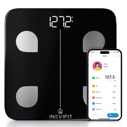 INEVIFIT Smart Body Fat Scale, Highly Accurate Bluetooth Digital Bathroom Body Composition Analyzer, Measures Weight, Body Fat, Water, Muscle, Visceral Fat & Bone Mass for Unlimited Users (Black)