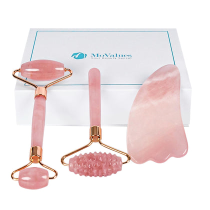 4-in-1 Jade Roller and Gua Sha Set. Rose Quartz Roller with Eye Massager, Jade Gua Sha, Ridged Roller Massager. Jade Roller for Face Real Jade 100% Jade Stone Roller. Facial Massager Ice Roller