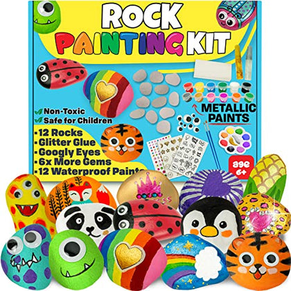 JOYEZA Deluxe Rock Painting Kit, Arts and Crafts for Girls Boys Age 6+, 12 Rocks Tween Gift Art Set, Waterproof Paints, Craft Kits Art Supplies, Kids Crafts Ages 4-8, Kids Activities 4 5 6 7 8 9 10