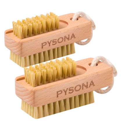 PySona 2 Pieces Natural Wooden bristle nail brushes for Cleaning Fingernail and Toenail non-slip two-sided Grip Hand foot Nail Brush Set Manicure Pedicure Scrubber Supply Men Women Girls