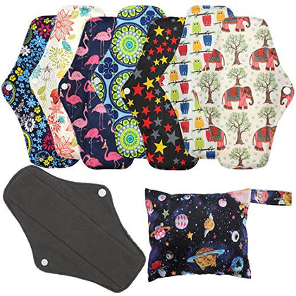 Reusable Menstrual Pads (7 in 1, 10in*7in), PHOGARY Bamboo Cloth Pads for Heavy Flow with Wet Bag, Large Sanitary Pads Set with Wings for Women, Washable Overnight Cloth Panty Liners Period Pads