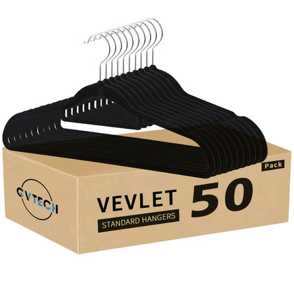 GVTECH Premium Velvet Hangers, [50 Pack] Non Slip and Heavy Duty Velvet Suit Hangers (45cm) with Tie Bar, 360° Swivel Hooks, Sturdy to Hold Jumper, Pullovers, Jackets & Hoodies (50 Pack, Black)