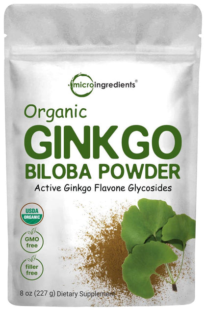 micro ingredients raw organic ginkgo biloba powder, 8 ounce (18 months supply), filler free, supports brain function and mental alertness, no gmos and vegan friendly (expiry -11/29/2025)