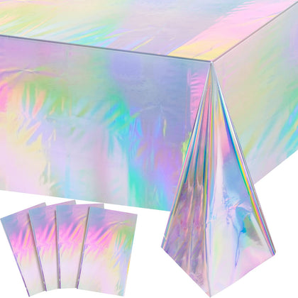 FunnyPars 4 Pack Iridescent Plastic Tablecloths Shiny Disposable Laser Rectangle Table Covers Holographic Foil Tablecloth Iridescent Party Decoration