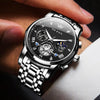 OUPINKE Mens Watches Fashion Sport WristWatches Black Multifunction Chronograph Analog Quartz Luminous Waterproof Calendar Stainless Steel Bracelet.