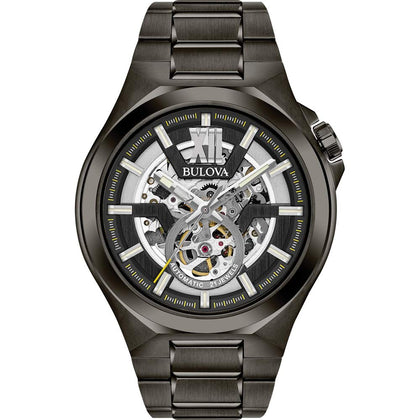 Bulova Men's Classic Maquina Black Ion-Plated Stainless Steel 3-Hand Automatic Watch, Skeleton Dial Style: 98A179