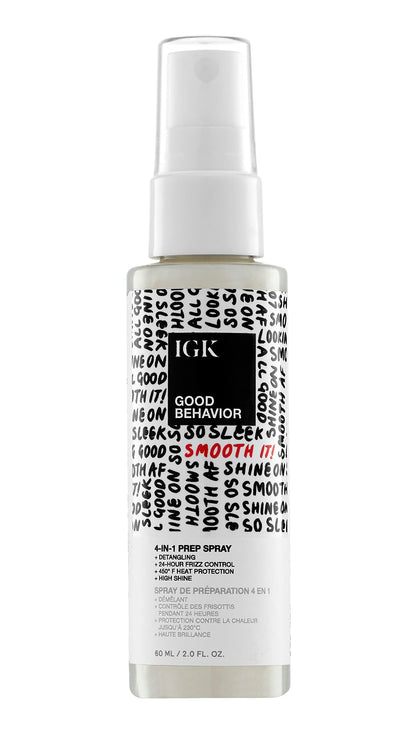 IGK GOOD BEHAVIOR 4-in-1 Prep Spray Travel | Leave In + Detangle + Heat Protectant | Vegan + Cruelty Free | 2 Oz