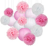 15Pcs Party Pack Paper Lanterns and Pom Pom Balls Hanging Decoration for Wedding Birthday Baby Shower-Pink/White