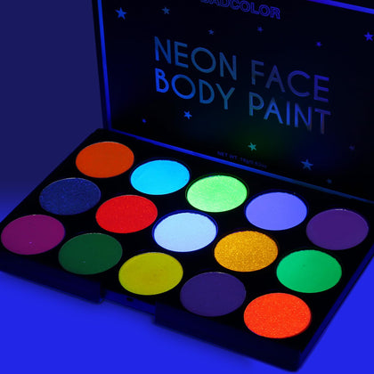 BADCOLOR Glow UV Face Paint, 15 Colors Neon Eyeshadow Palette, Water-Based UV Blacklight Face Body Paint for Kids - UV Eyeliner Makeup Palette for Halloween Glow Party Club Music Festivals