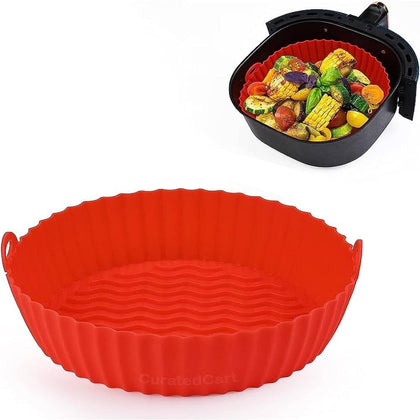 Air Fryer Reusable Silicone Pot Compatible with Air Fryer Basket | Non-Stick Silicone Air Fryer Liners with Ear Handles | Air Fryer Accessories, Round Air Fryer Oven Pot Food Grade (Red)