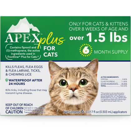 Apex Plus Flea Treatment for Cats, 1.5+ lbs - Cat Flea, Tick, Flea Eggs, Flea Larvae, and Chewing Lice Prevention for 30-Days - 6-Month Supply