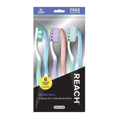 Reach Essentials Toothbrush with Toothbrush Covers, Multi-Angled Medium Bristles, Contoured Handle, Tongue Scraper, 6 Count