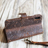 handmade leather iphone 13/13 mini / 13 pro / 13 pro max wallet case with wristlet - tooled flower brown