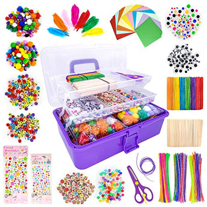 1405 Pcs Art and Craft Supplies for Kids, Toddler DIY Craft Art Supply Set Included Pipe Cleaners, Pom Poms, Feather, Folding Storage Box - All in One for Craft DIY Art Supplies (Purple)