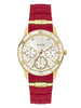 GUESS Gold-Tone + Iconic Red Stain Resistant Silicone Watch with Day, Date + 24 Hour Military/Int'l Time. Color: Red (Model: U1157L2)