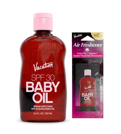 Vacation Baby Oil SPF 30 + Airfreshener Bundle, Broad Spectrum SPF 30 Sunscreen Oil, Vegan Suntan Oil with Broad Spectrum SPF, Sunscreen Tanning Oil, TSA Friendly, Travel Size, 3.4 fl. oz.